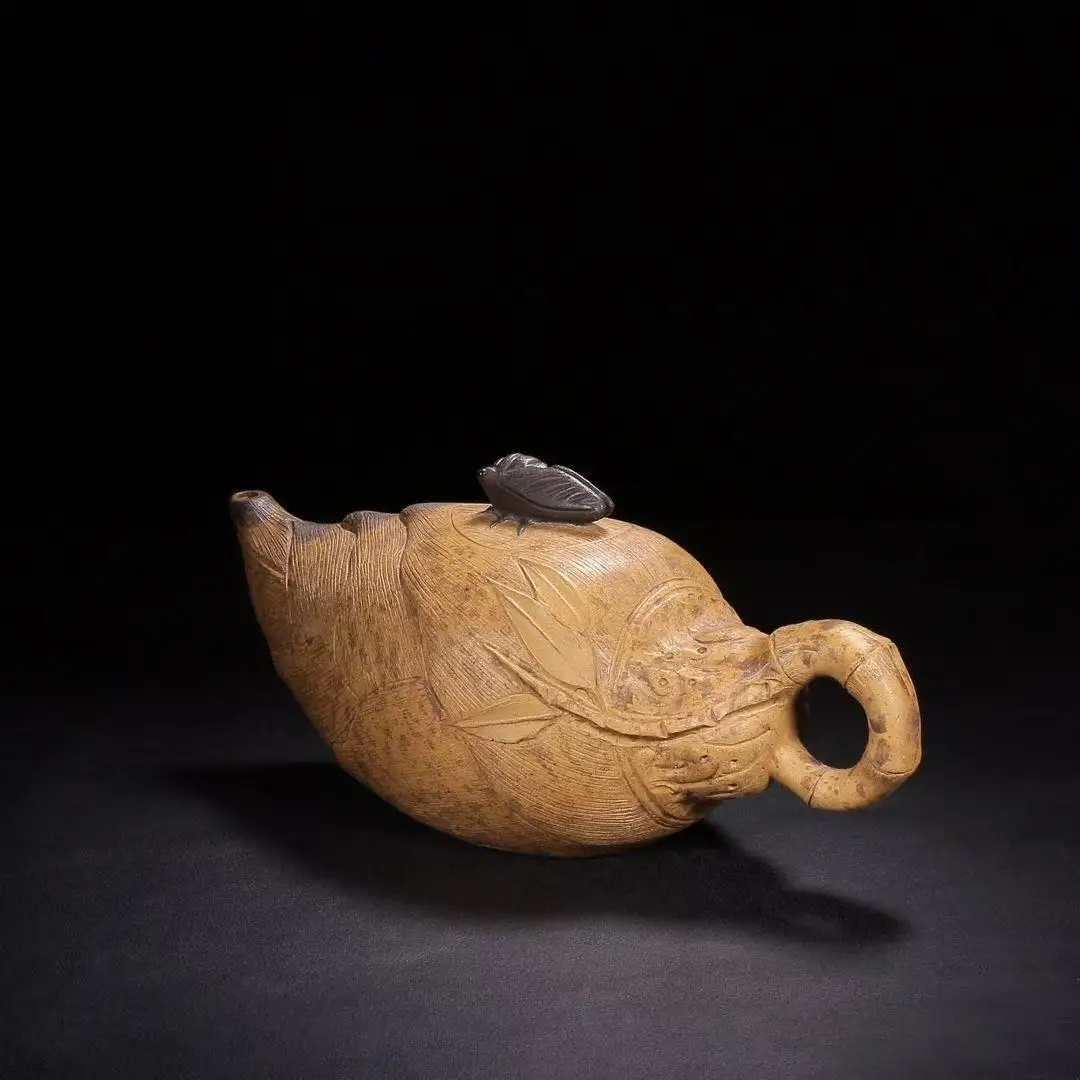 Old Chinese Handicraft Enameled YiXing Zisha (red stoneware) Teapot,bamboo, with mark, Free shipping