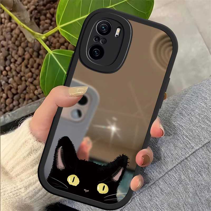 For Xiaomi Redmi K40 K20 Pro Case Lovely Black Cat Cartoon Funda For Redmi A1 A2 12 12C 10 10C 9A 9C 9 Mirror Phone Cover Etui