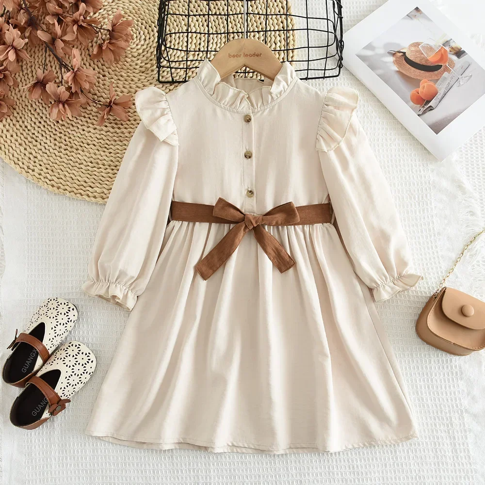 3 To 7 Years Old Autumn New Khaki Long Sleeved Girls Casual Dresses Korean Version Fashionable Bow Tie Children's Casual Dress
