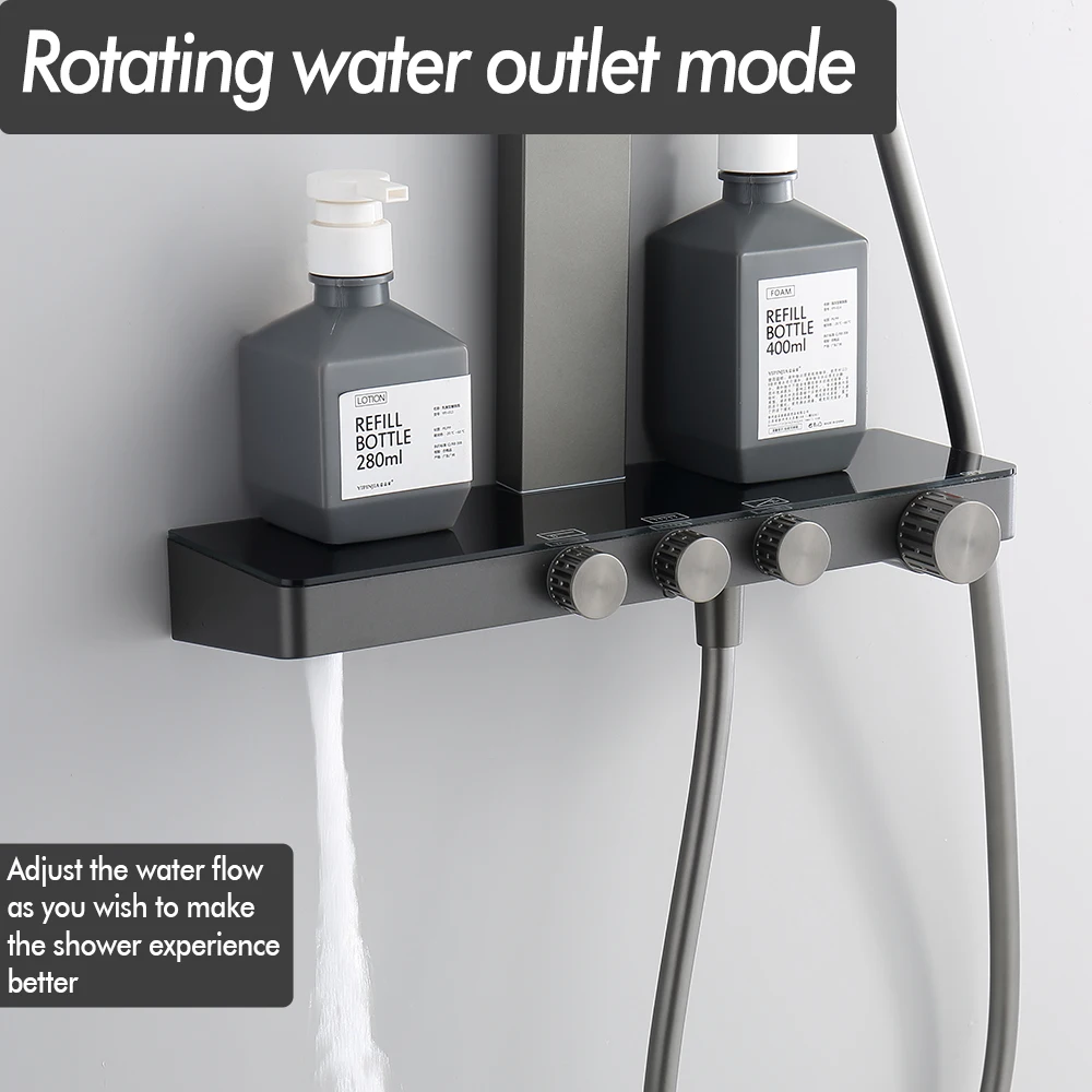 Sistem Keran Pancuran Air Panas dan Dingin 3 Jalur Model Dinding dengan Lengan Putar Putih, Keran Rainfall, Rak Kamar Mandi, Set Mixer Pancuran Warna Gunmetal