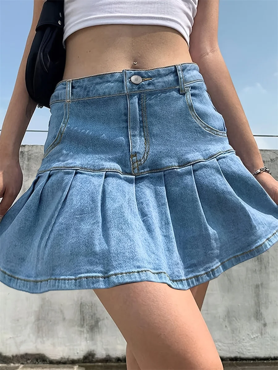 Benuynffy Y2k Pleated Denim Skirt Women's Summer High Waisted Retro Casual A-line Jean Mini Skirts Female Bottoms Streetwear