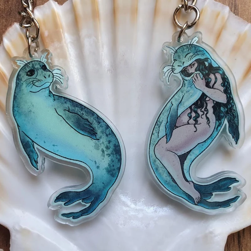 Celtic Mythology Seal and Selkie Acrylic Keychain, Irish Scottish Folklore Sea Spirit Cartoon Backpack Keyring Pendant