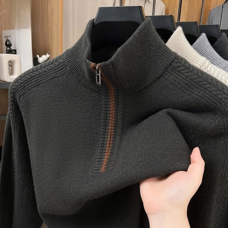 

Зимний утепленный вязаный шерстяной свитер на молнии с воротником-стойкой для мужчин: модная повседневная одежда для отцов в деловом стиле