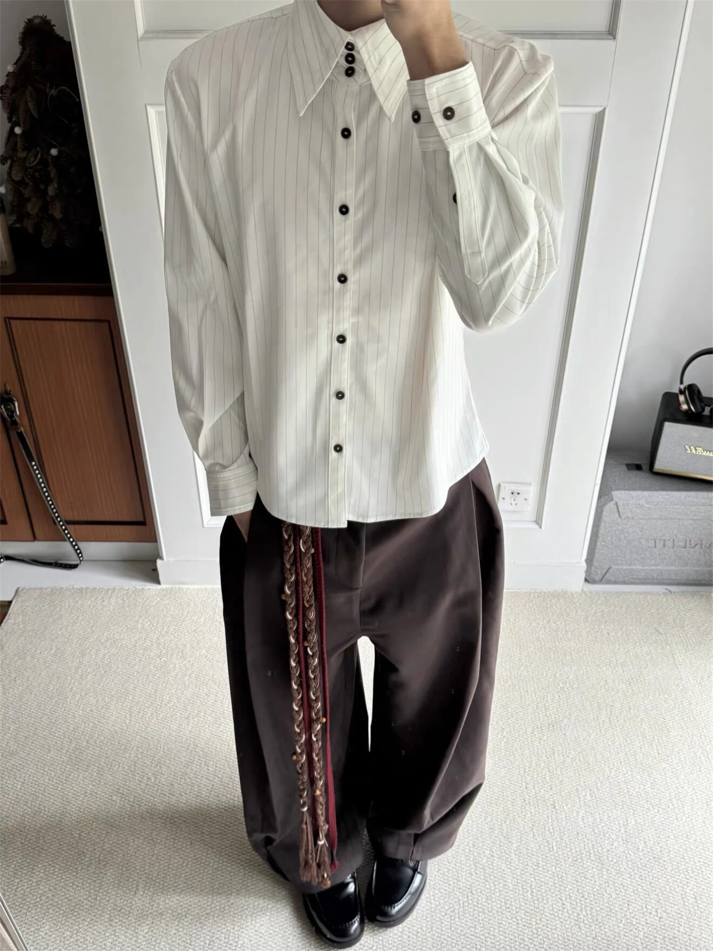 Elegant Men's Long Sleeve Striped Shirt High Collar Commute Versatile Multi-Button Design Casual Fashion Urban Style