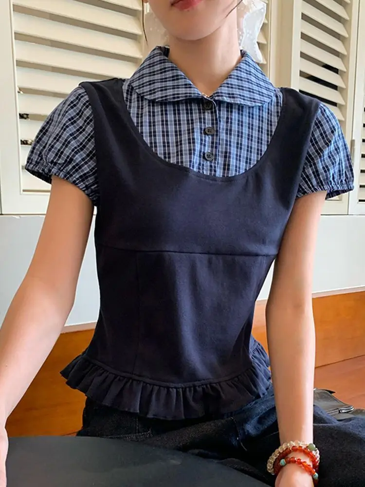 American Girls Fake Two-Piece Plaid Blouse Top Navy Vest Blue & White Checkered Puff Sleeve Ruffle Hem Cute Vintage Casual Shirt