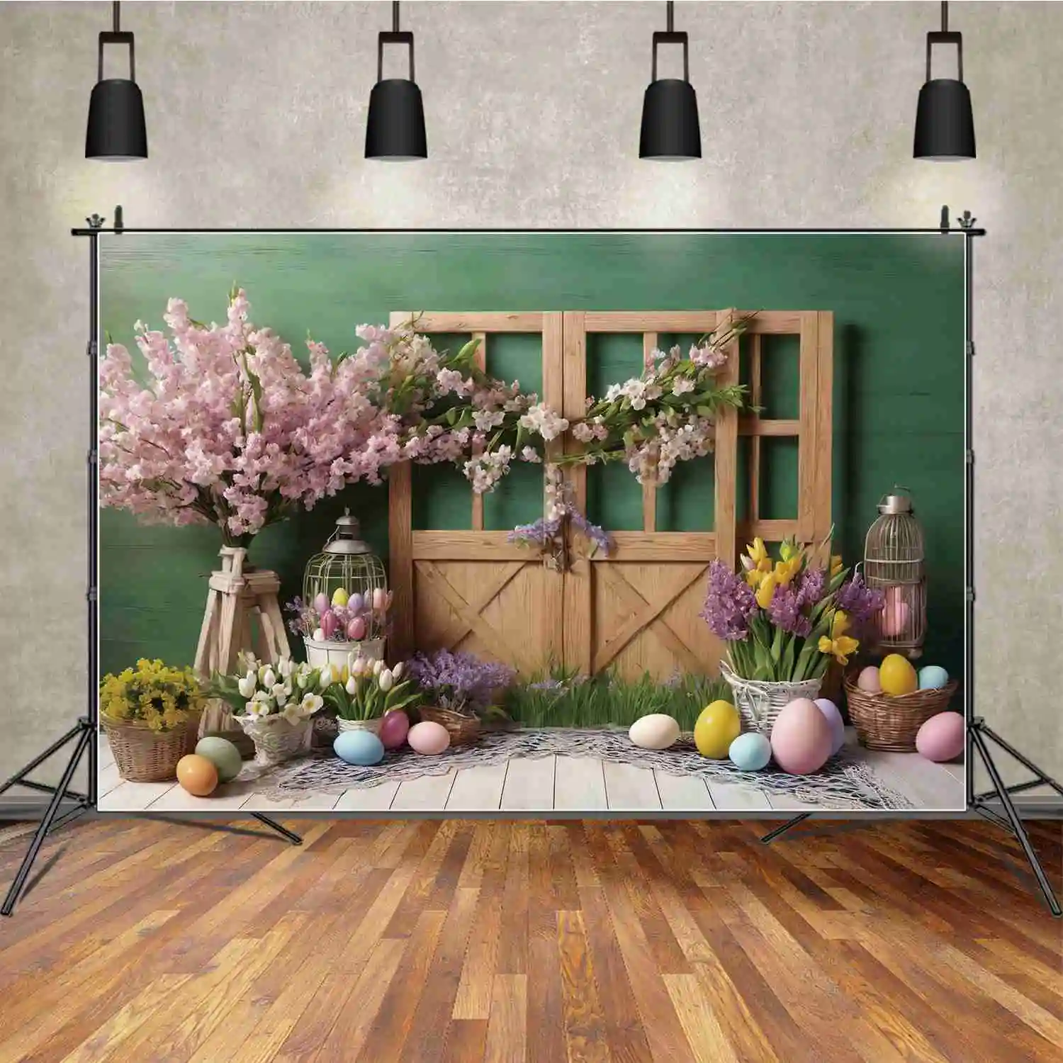 MOON.QG Green Pink Blossom Colourful Wood Door Flowers Blanket Painted Eggs Easter Background Decoration Backdrop Children