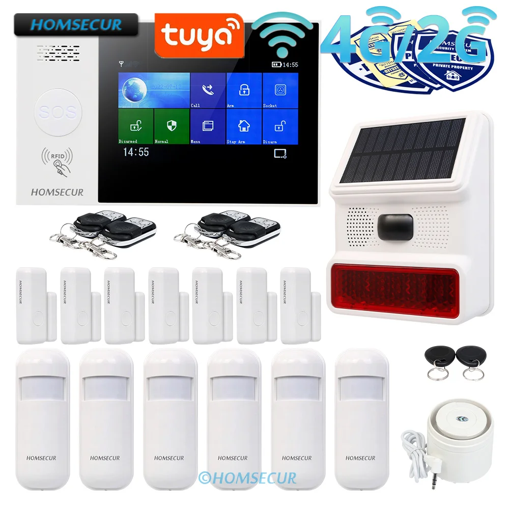 HOMSECUR Tuya APP Wireless WIFI 4G Home House Security Alarm System 433MHz+Wireless Solar Red Flash Siren 6 PIR Motion Detector