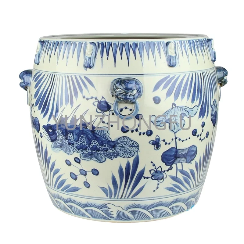 

Antique Blue and white Porcelain Fish Lines and patterns Ceramic Pot Garden Planter With Lion ring