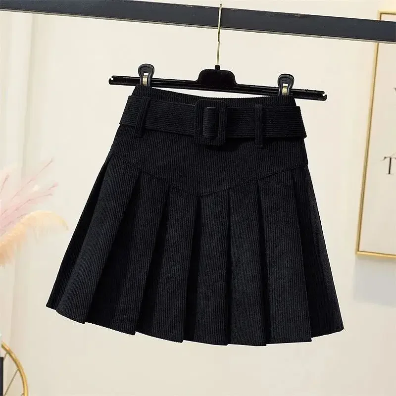 Vintage Corduroy Pleated Skirt Women Korean Style Cute Brown High Waist A-line Mini Skirts Autumn Winter Sexy Short Skirts