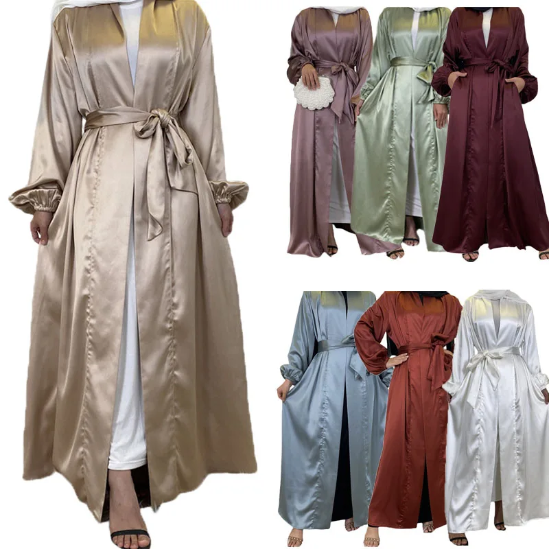 

Dubai Muslim Women Open Abayas Satin Long Sleeve Maxi Dress Turkey Kimono Islam Clothing Kaftan Arabic Gown Ramadan Eid Vestidos