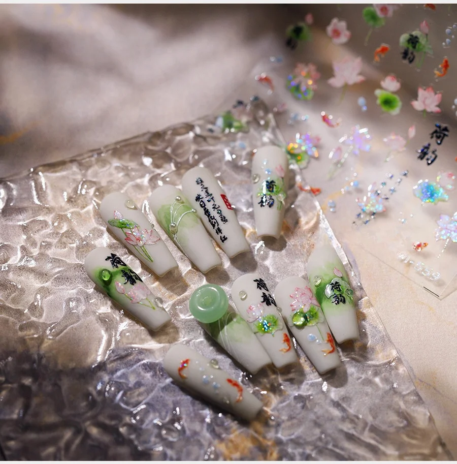 5d polarisierte rosa Lotus Nagel aufkleber hochwertige grüne Blatt Koi Design selbst klebende Nagel aufkleber chinesischen Stil Nagel aufkleber