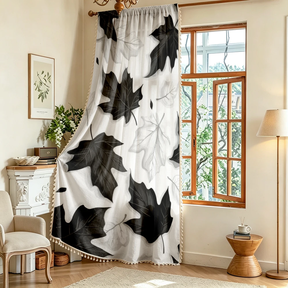 1PC Fall Tassel Sheer Curtains, Black White Maple Leaf, Digital Print, Linen Polyester, Bedroom Living Room, Home Decor