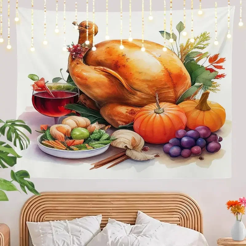 VIKAMA Watercolor Thanksgiving Tapestry Roast Turkey Pumpkin Grape Fruit Autumn Harvest Holiday Wall Hanging Aesthetic Wall Deco