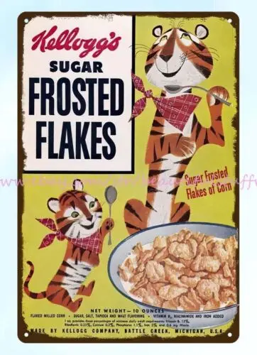 pub shop garage 1960s kellogg's sugar frosted flakes cereal tiger metal tin sign