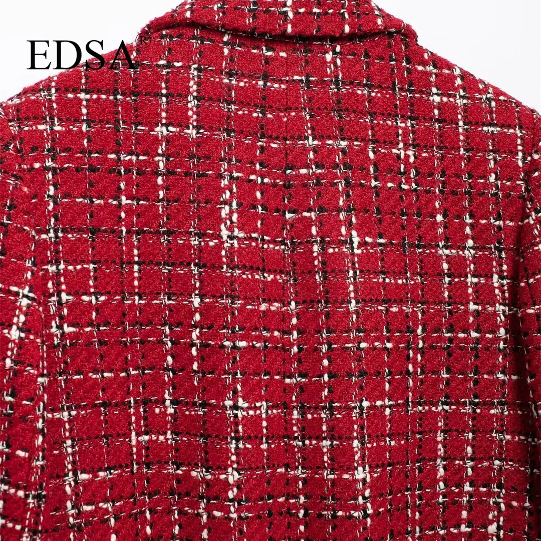 سترة نسائية من التويد باللون الأحمر من EDSA مع وسادات كتف وجيوب واحدة الصدر لملابس خارجية نسائية غير رسمية #6