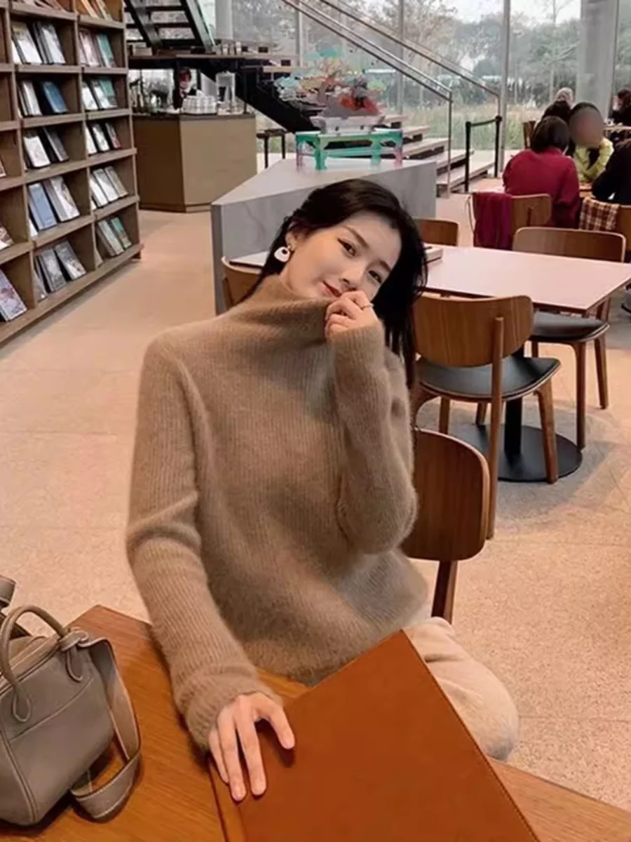 

100% pure cashmere turtle neck women lazy wind soft waxy thickening with solid color long sleeve bottoming sweater top.