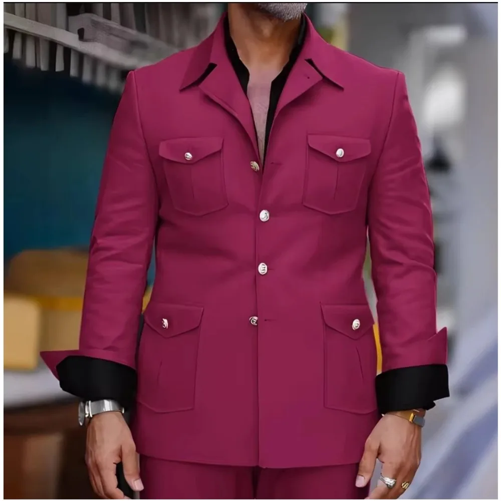 

Мужские костюмы цвета фуксии, социальный комплект из двух предметов, куртка, брюки, смокинг для жениха с четырьмя карманами, мужское свадебное платье для выпускного вечера, костюм на заказ Homme