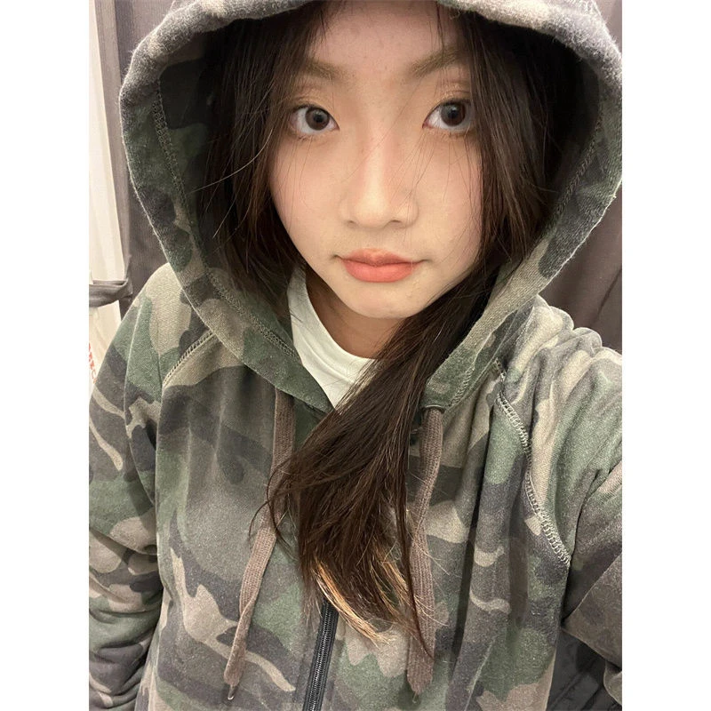 Military Green Womens Clothing Vintage Street Sweatshirt Y2K Camouflage Hoodie Cardigan Long Sleeves Warm Oversize Ladies Tops