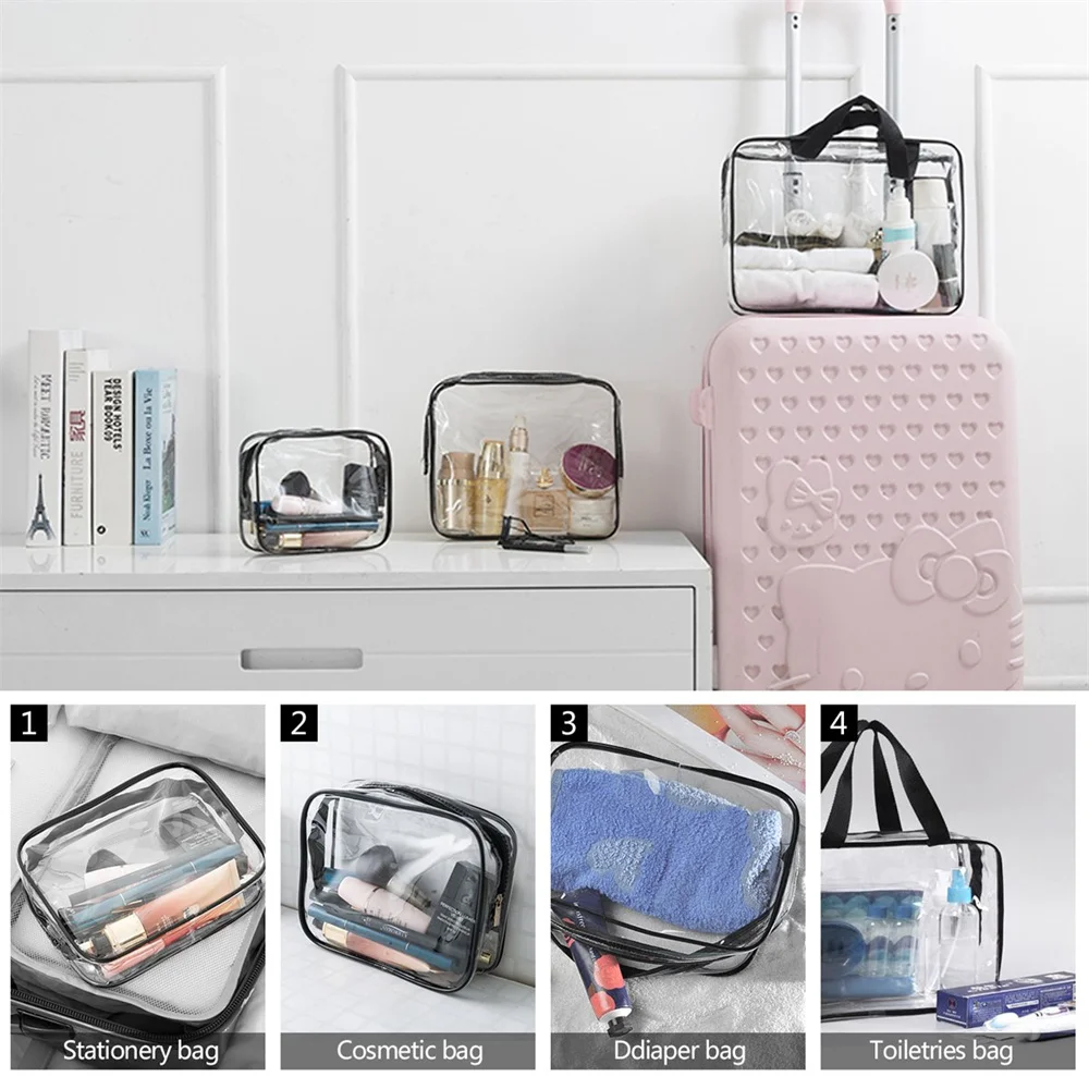 3 Sizes Transparent PVC Material Travel Bag Waterproof Cosmetics Makeup Toiletry Clear Wash Pouch Bag Travel Accessories Unisex