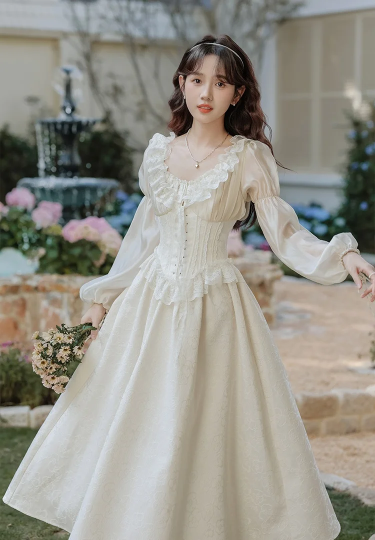 Vestido de princesa estilo corte francés retro para mujer, estilo victoriano vintage, con encaje jacquard, mangas abullonadas, estilo Gatsby, para dama romántica.