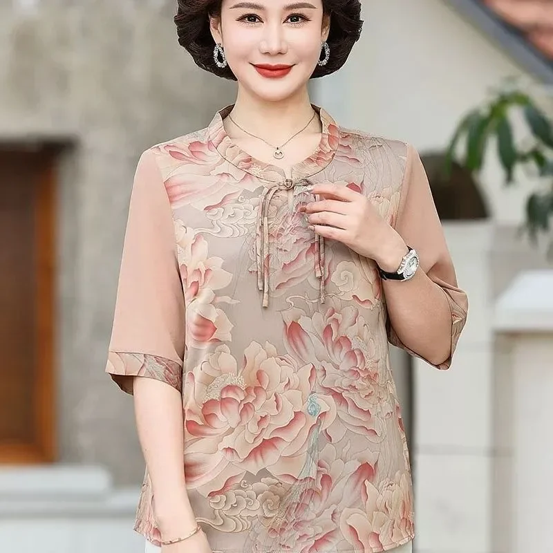 Women's Peony Print Mandarin Collar Blouse 3/4 Sleeve Silk Blend Casual Shirt