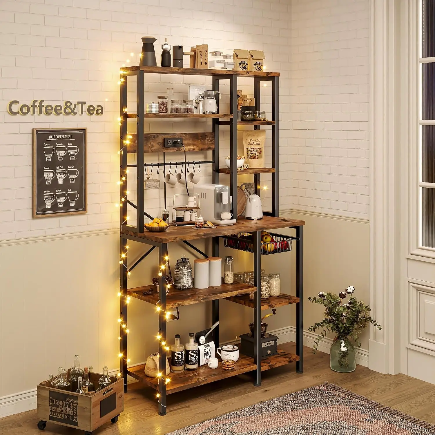 6 Tier Coffee Bar Station With Power Outlet Kitchen Bakers Rack Storage Microwave Stand Open Storage Shelves With S Shaped Hooks