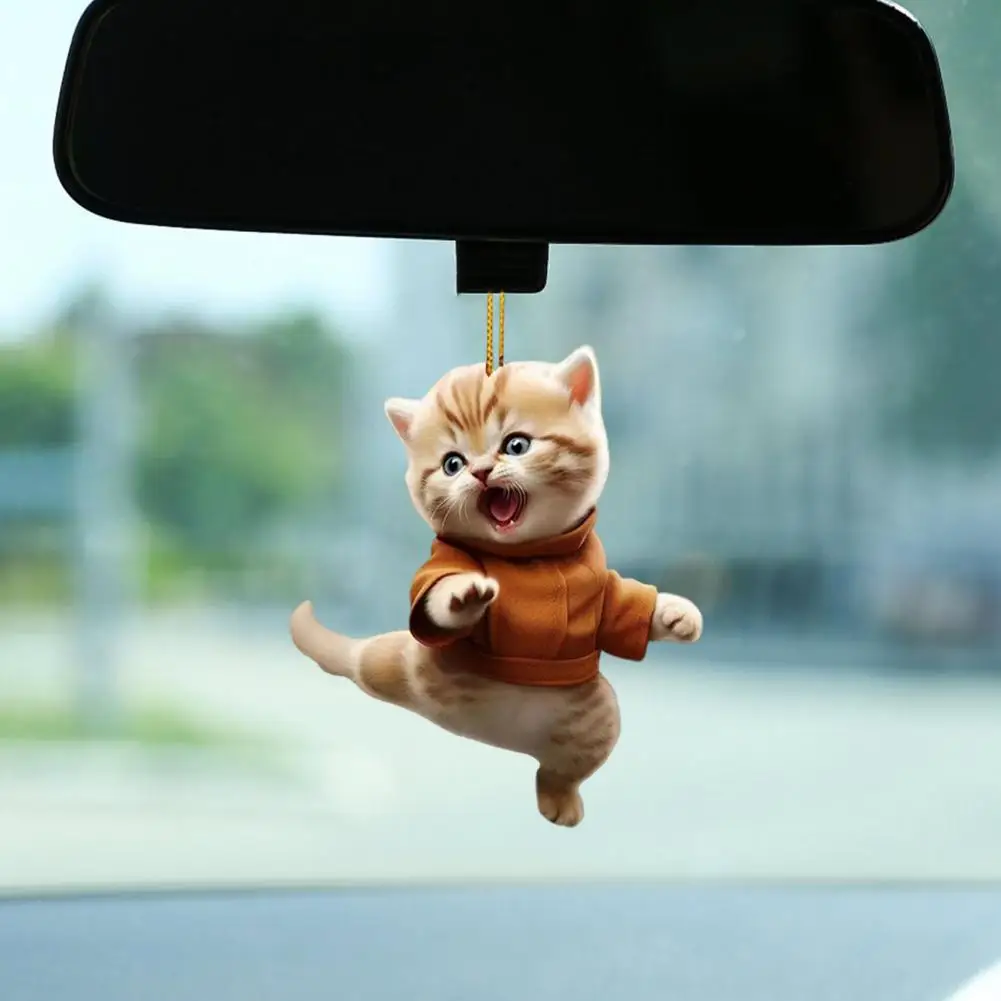 Cat Bookshelf Accent Piece Kung Fu Cat Car Pendant with Lanyard Unique Ornament for Auto Rearview Mirror Stylish Car Accessory