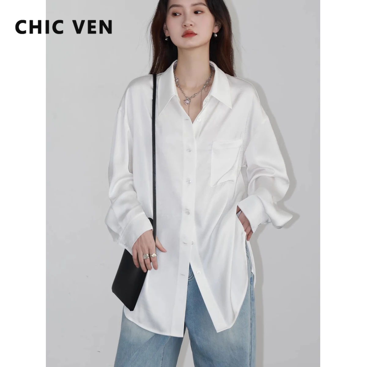 CHIC VEN Women Shirt New Pleated Drape Shirts Side Slit Loose Long Sleeved Woman Blouses Female Tops Spring Summer 2024