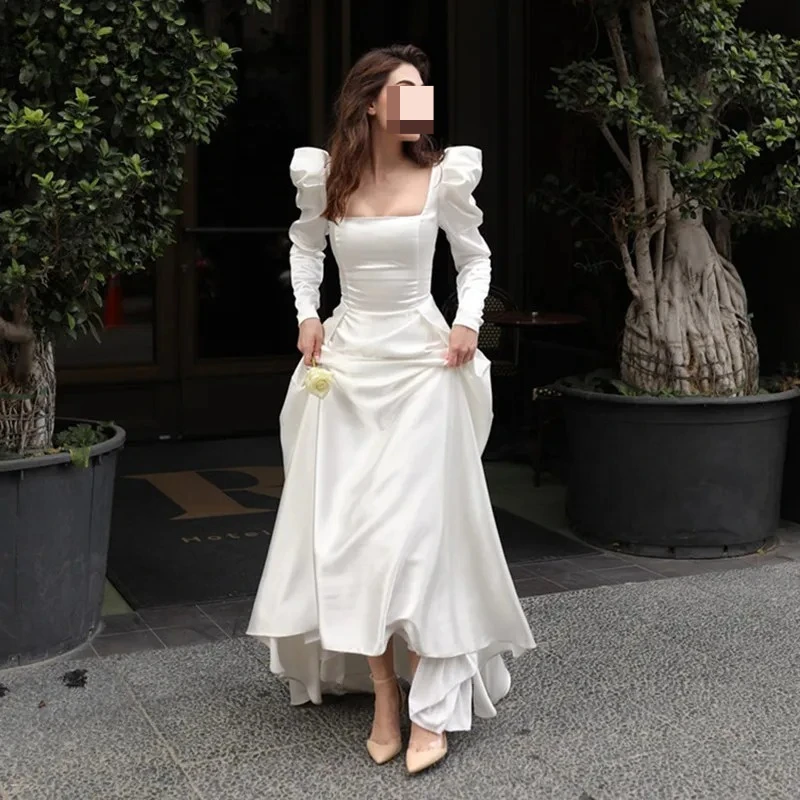 

LORIE атласное свадебное платье принцессы трапециевидной формы с квадратным вырезом, платья невесты с длинными рукавами и шнуровкой сзади, вечерние платья 2023