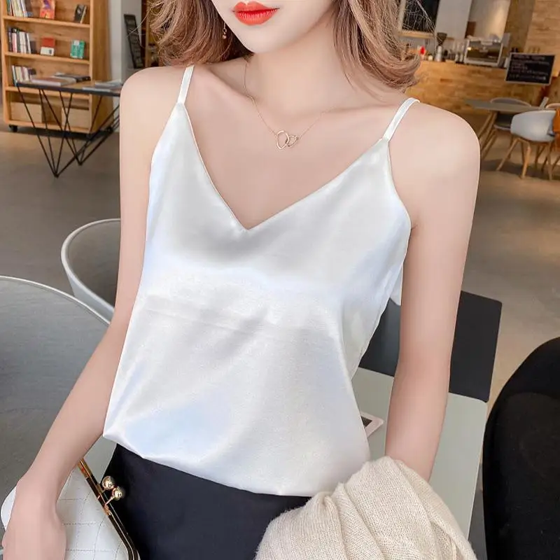 Tank Vest Top Women 2026 Halter V Neck Sexy White Satin Sleeveless Comfy Tops For Weekend Outfits