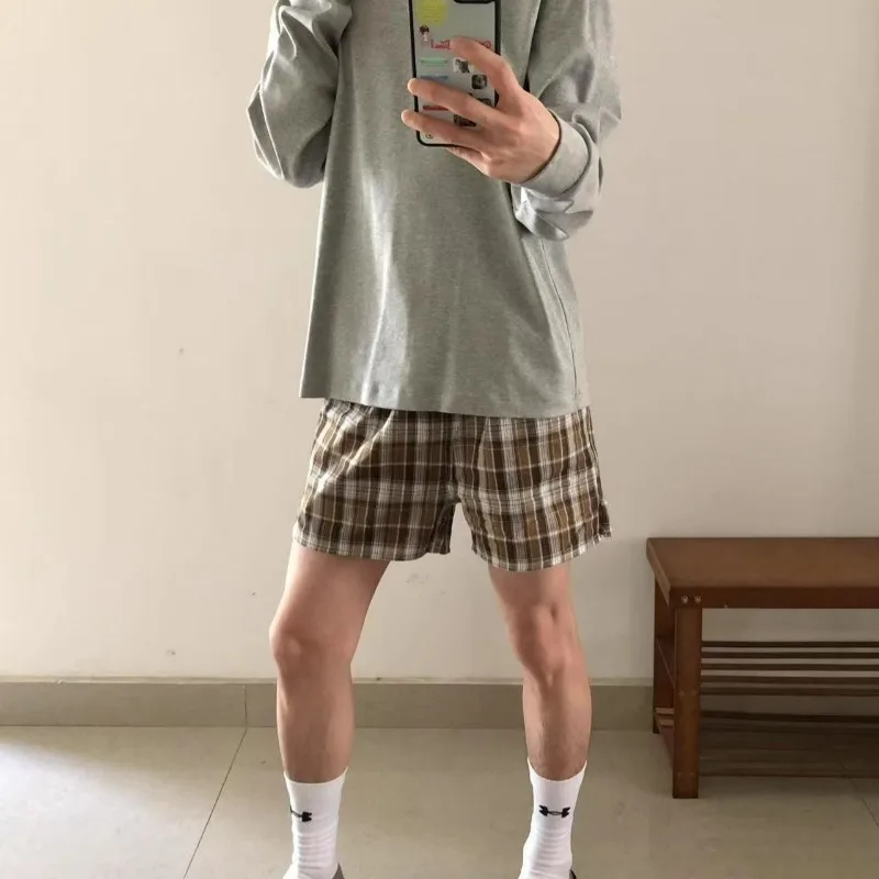 Mens Elastic Drawstring Waist Plaid Print Side Slit Loose Casual Lounge Shorts