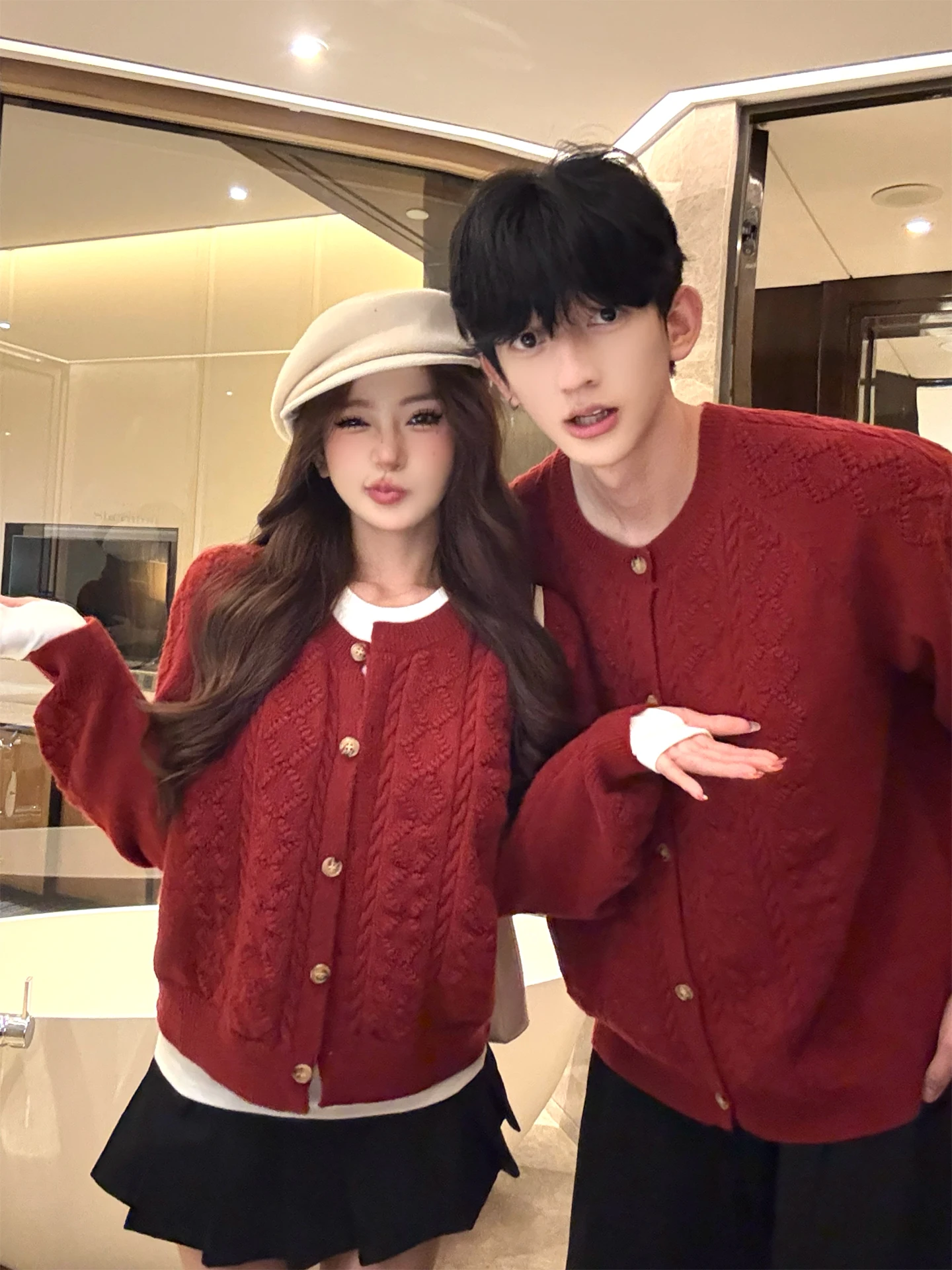 Couple's Knitted Sweater Cardigan Red Autumn Winter Fashion Casual Style Button up Long Sleeve round Neck Warmth Comfortable Fit