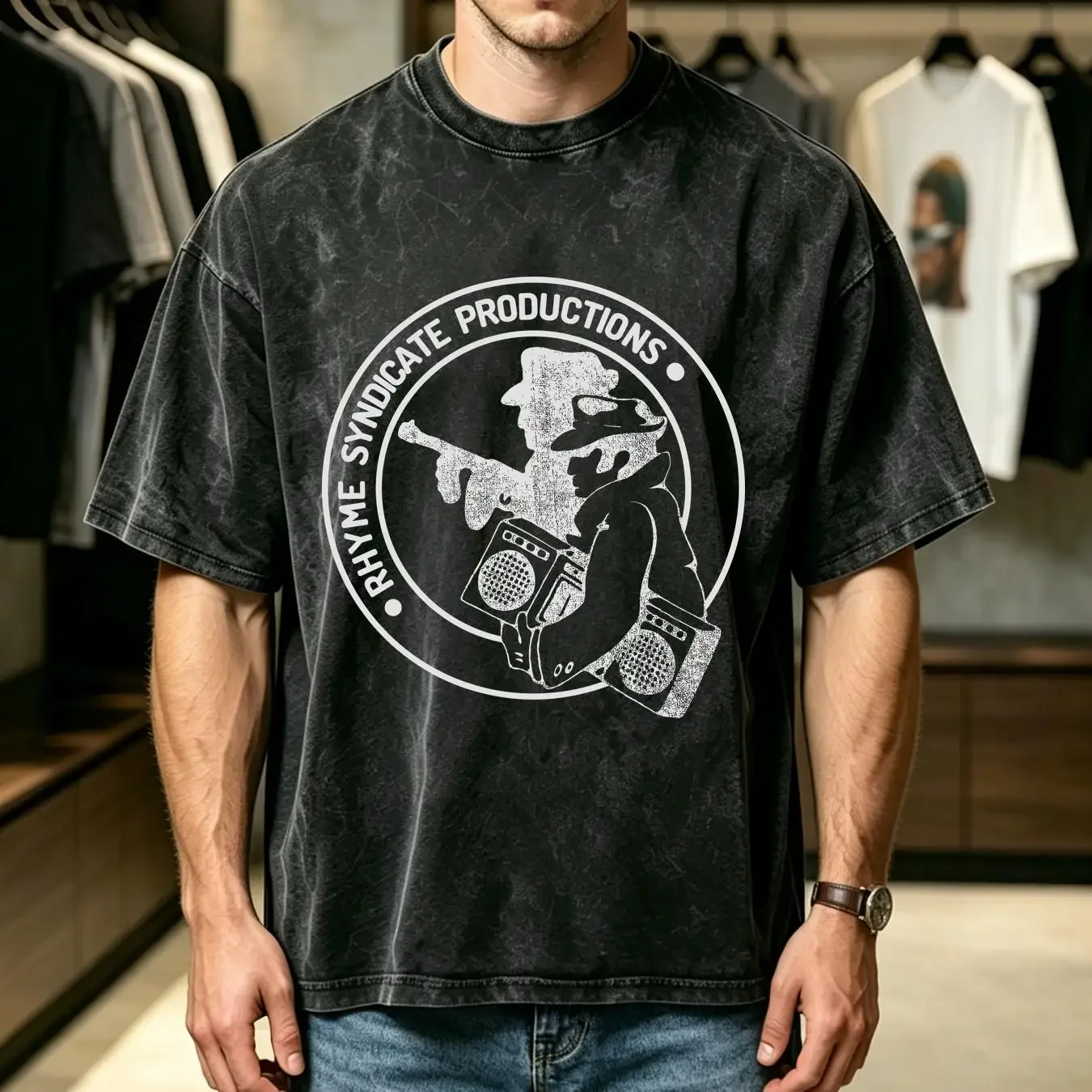 washed T Shirt Rhyme Syndicate Production Silhouette Men or Women vintage Washed graphic Versatile Comfortable fashion