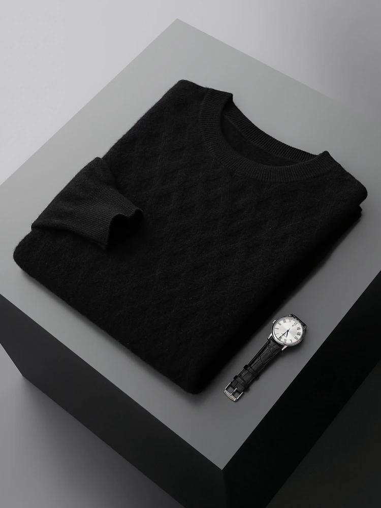ADE-WhatsApp-Pull en cachemire optique pour hommes, pull à col rond, tricot losange, vêtements décontractés intelligents, 100% laine mérinos,