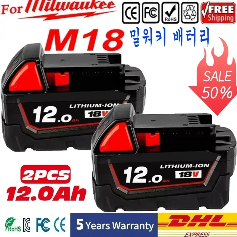100% Original für Milwaukee M18 Elektrowerkzeug-Akku, Ladegerät, BR, XC, 18V, 12000mAh M18B5, 48-11-1860, eingebauter 21700-Akku – Detail 3