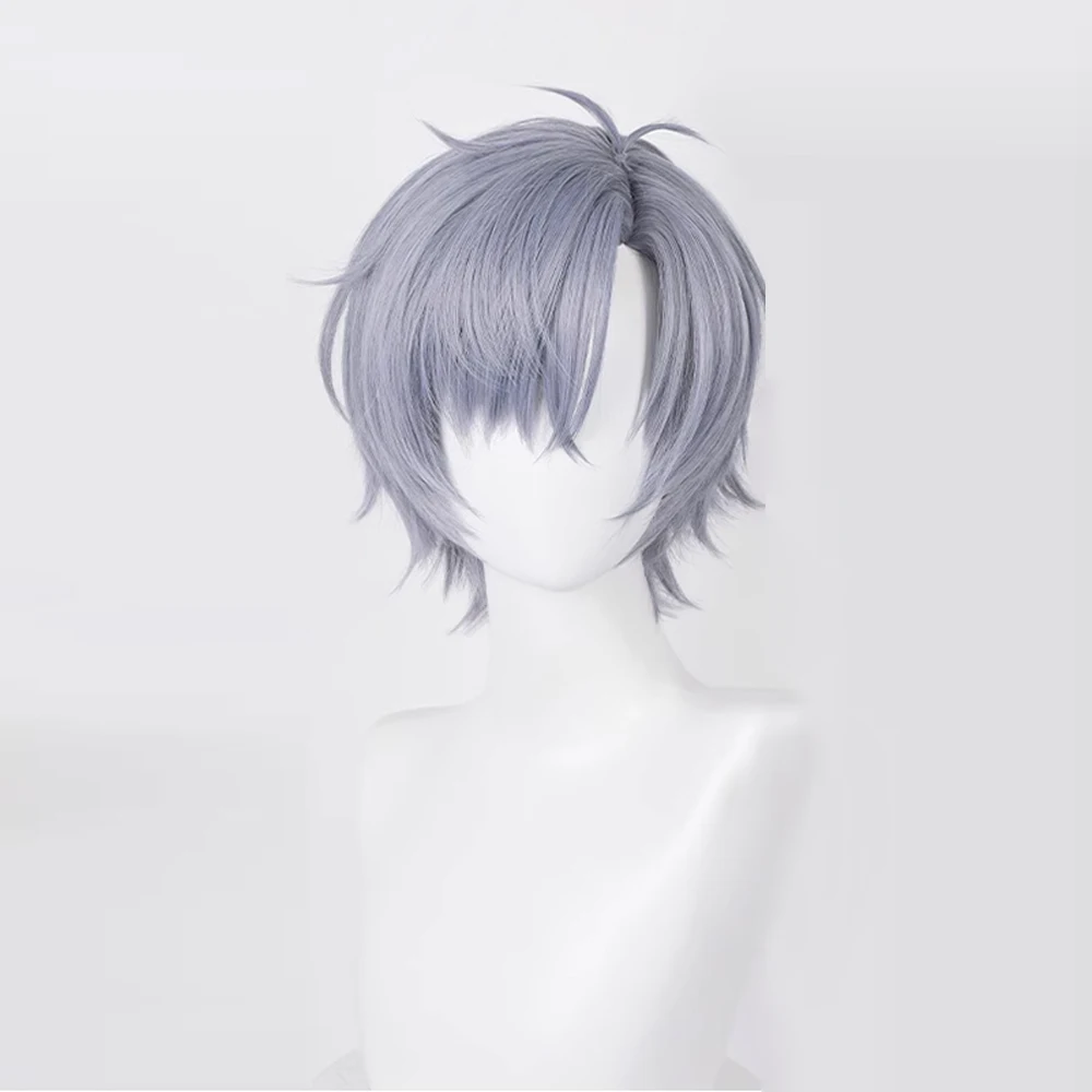 RANYU Synthetic Short Straight Blue Grey Wig Anime Game Cosplay Men Heat Resistant Hair Wig for Party