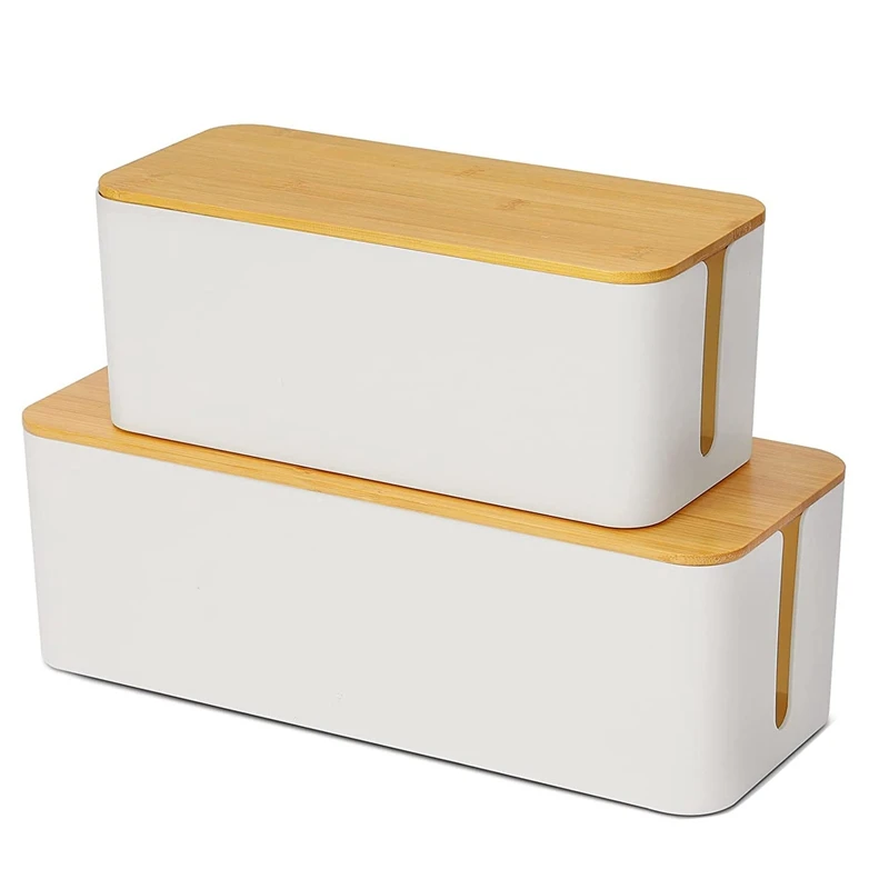 

2 Cable Storage Box Large Cable Organizer Box With Bamboo Lid For Hiding Messy Cables Wire Management