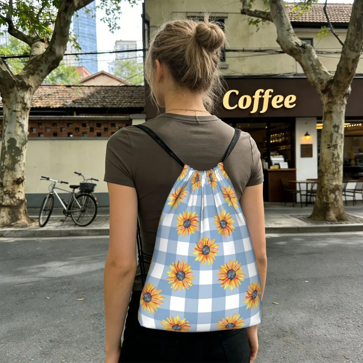 Vibrant Sunflower And Bule Plaid Backpacks Fashion Drawstring Bags Sports Bag Book Bags for Travel Students