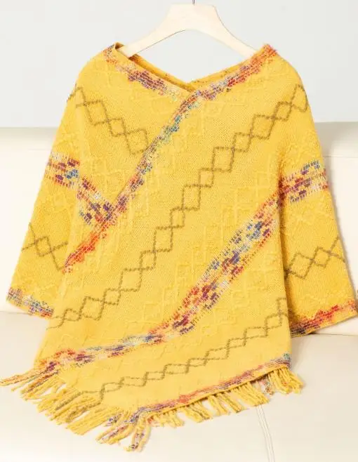 Women's Sweater 2025 Fashion Drizzle Autumn and Winter New Women's Clothing Colorful Striped Knitted Tassel Cloak Shawl Sweater