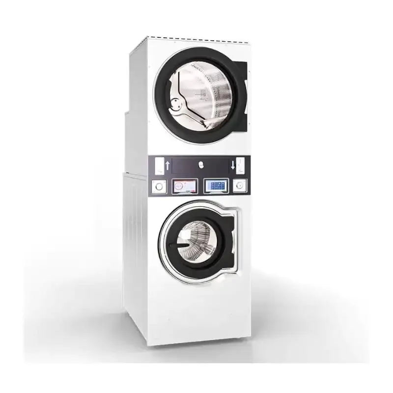 

Commercial stackable washer and dryer, floor-saving hanging laundry system