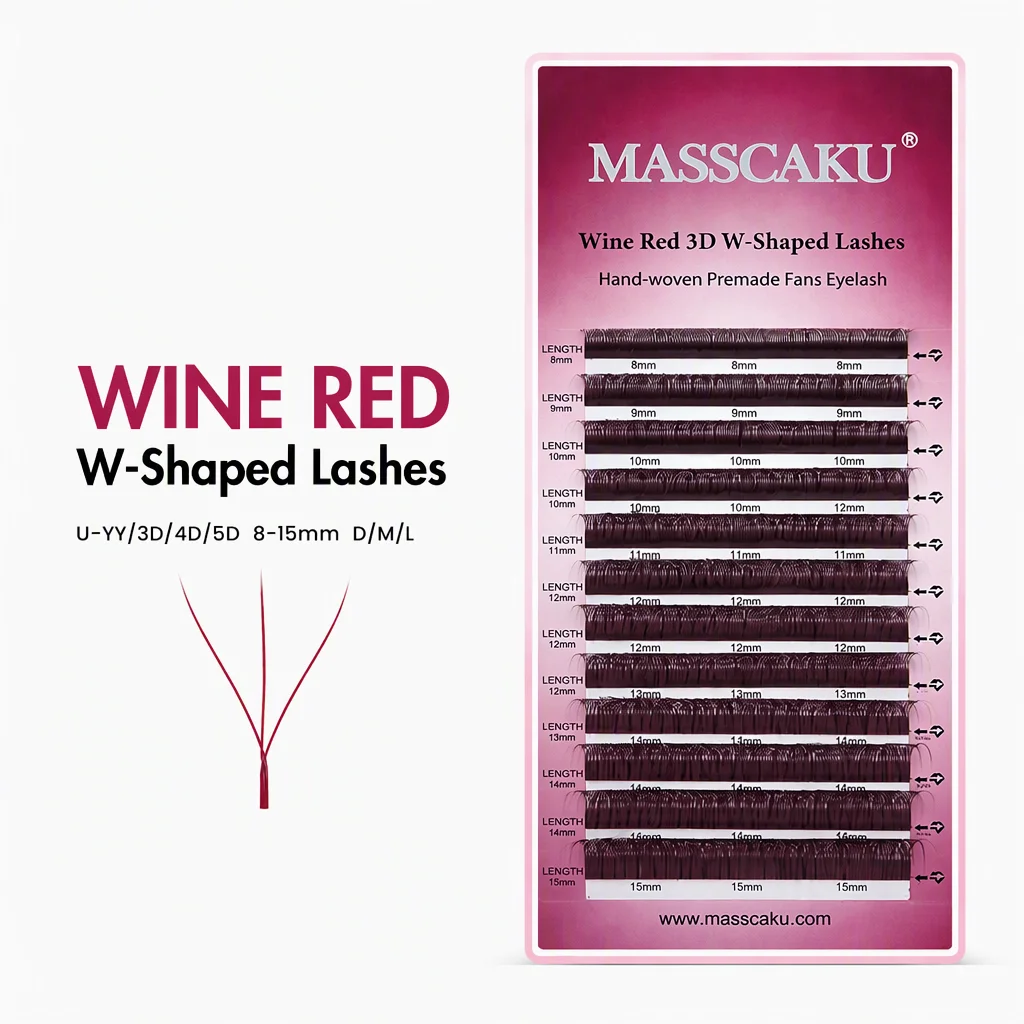 MASSCAKU Wine Red Colored W Shape Automatic Flowering Bloom Premade Fans U Shaped Eyelash Extensions Soft Colorful Full Dense