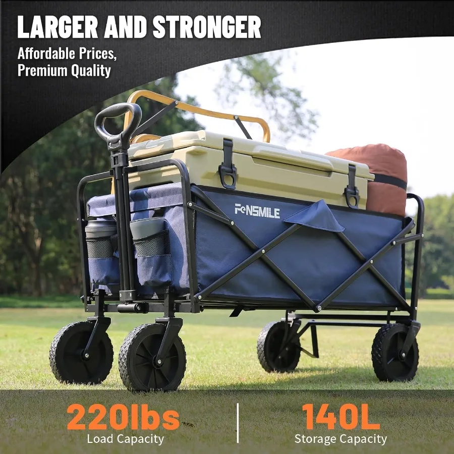 Collapsible Folding Wagon Cart Heavy Duty 220Lbs Capacity Foldable Wagon Outdoor Camping Grocery Portable Utility Cart All Terr