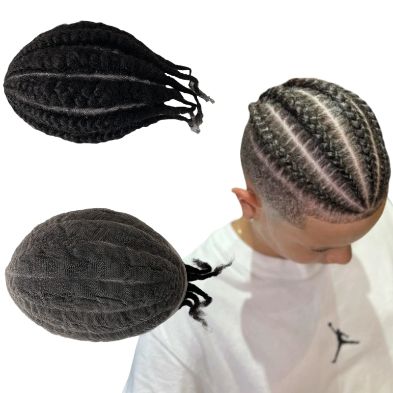 

Brazilian Virgin Human Hair Replacement 1b Black Afro Cornrow Braids Unit 8x10 Full Lace Toupee for Black Men