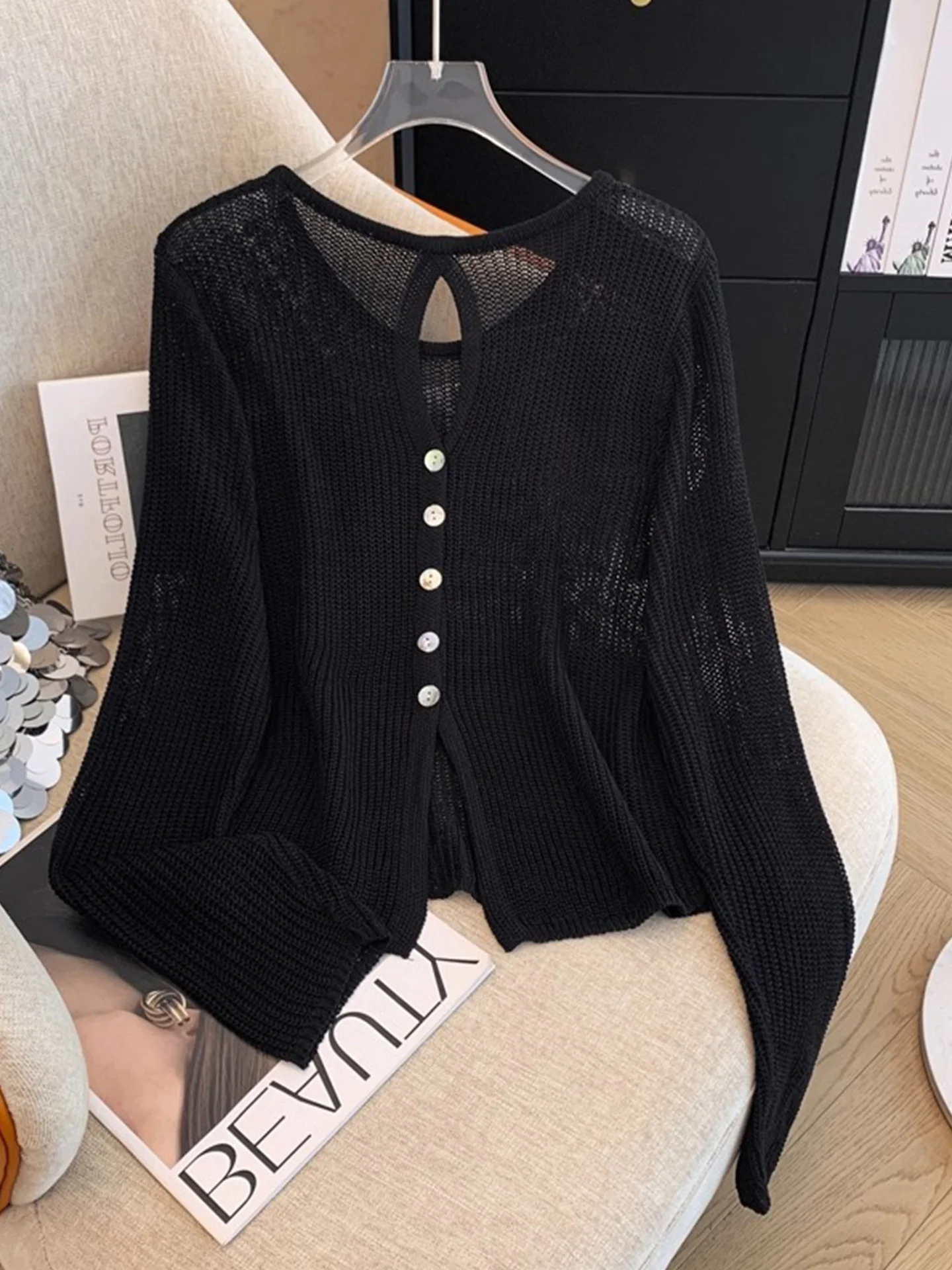 Summer 2025 Loose Hollow out Comfortable Long Sve Ice Silk Knitted Top Simple  Color Base Layer Women's Faion