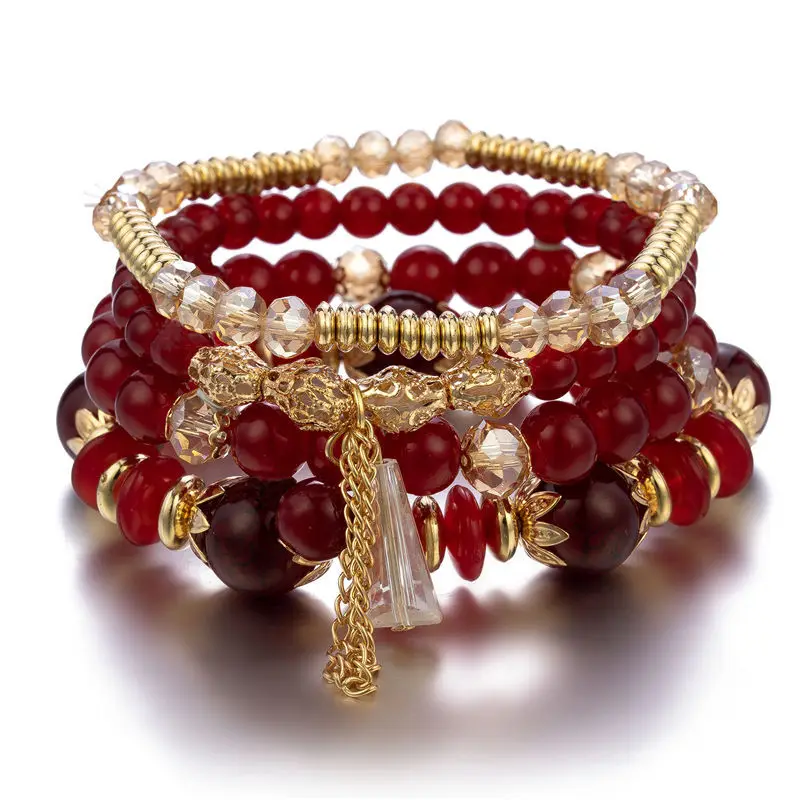 4-teiliges Armband-Set mit Quasten- und Perlenanhängern für Damen, bunte Glasperlen-Kette, Armreif, weiblicher Boho-Schmuck – Detail 4