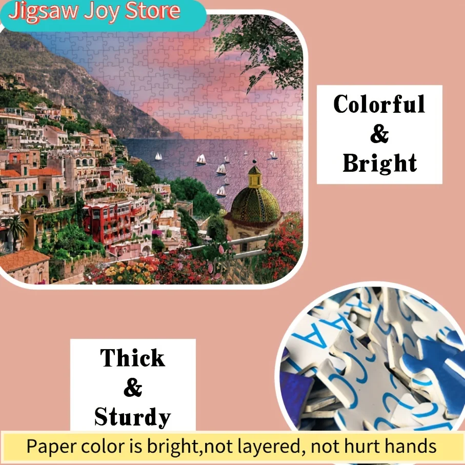 Puzzle dla dorosłych - Wybrzeże Amalfi, Włochy, malowniczy port nad rzeką, zachód słońca, sztuka, żywe kolory, 70x50cm (27,56x19,69 cala), wyzwanie