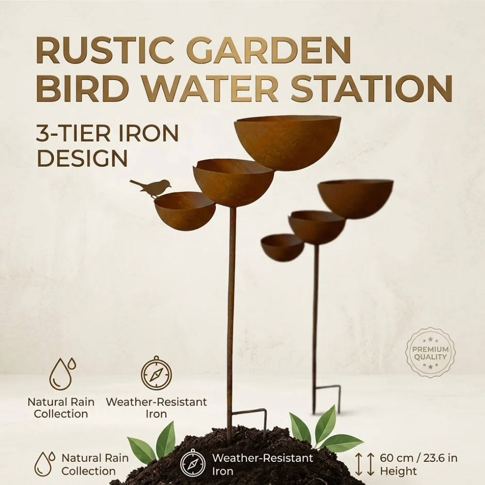 3 Tiered Metal Backyard Bird Drinker Pole Decorative Outdoor Cast Iron Lawn Birdbath Waterer Basin For Small Birds