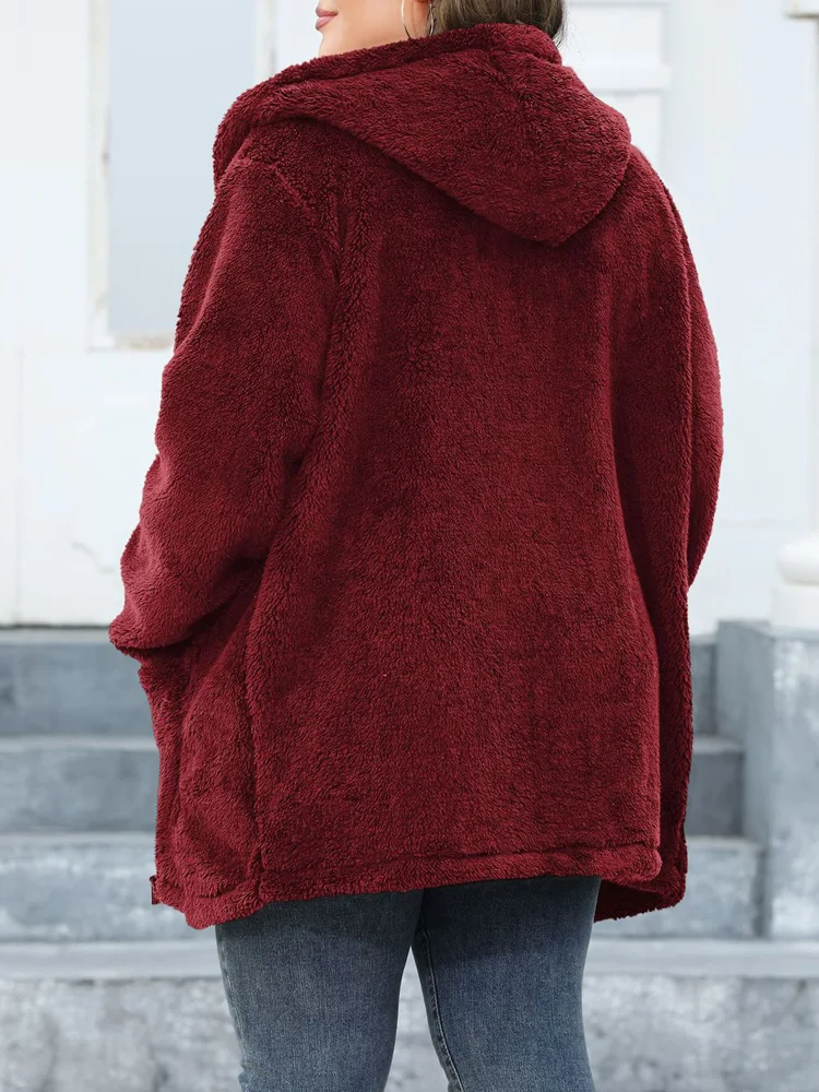 GIBSIE Plus Size Autumn Winter Hooded Plush Fleece Teddy Coat Women Pockets Casual Solid Zip Up Faux Fur Jacket Warm Outwear