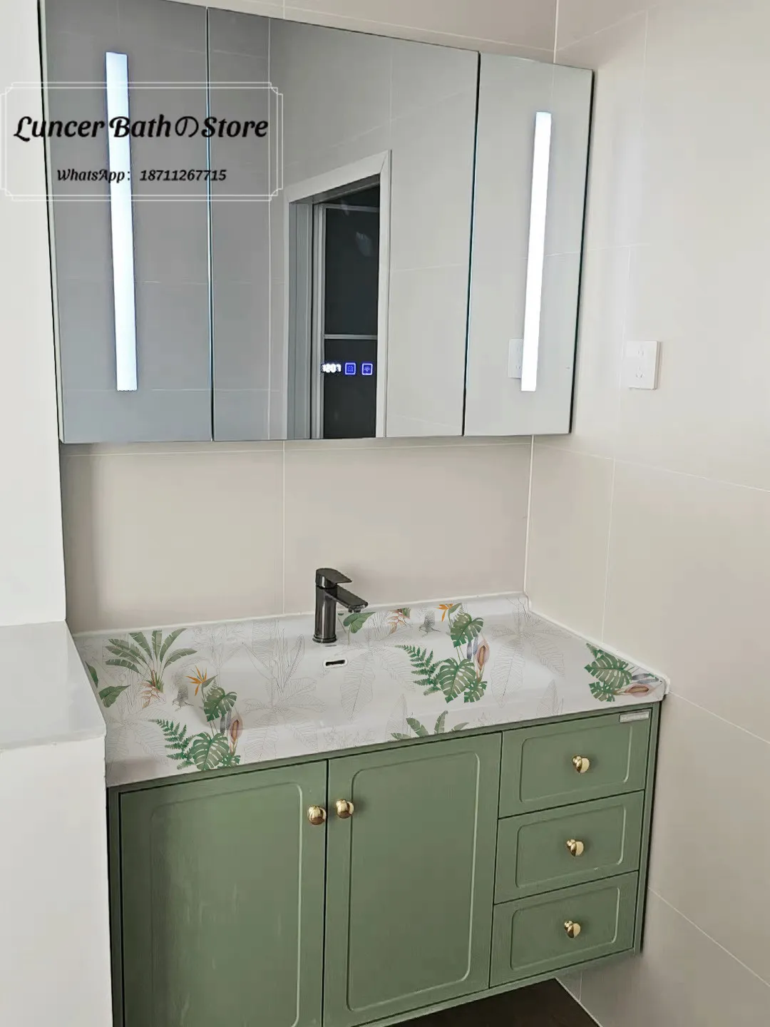 Banana Leaf Green French Country Vanity, Rubber Wood Ceramic Basin, Smart Vintage Bathroom Sink Cabinet for Home