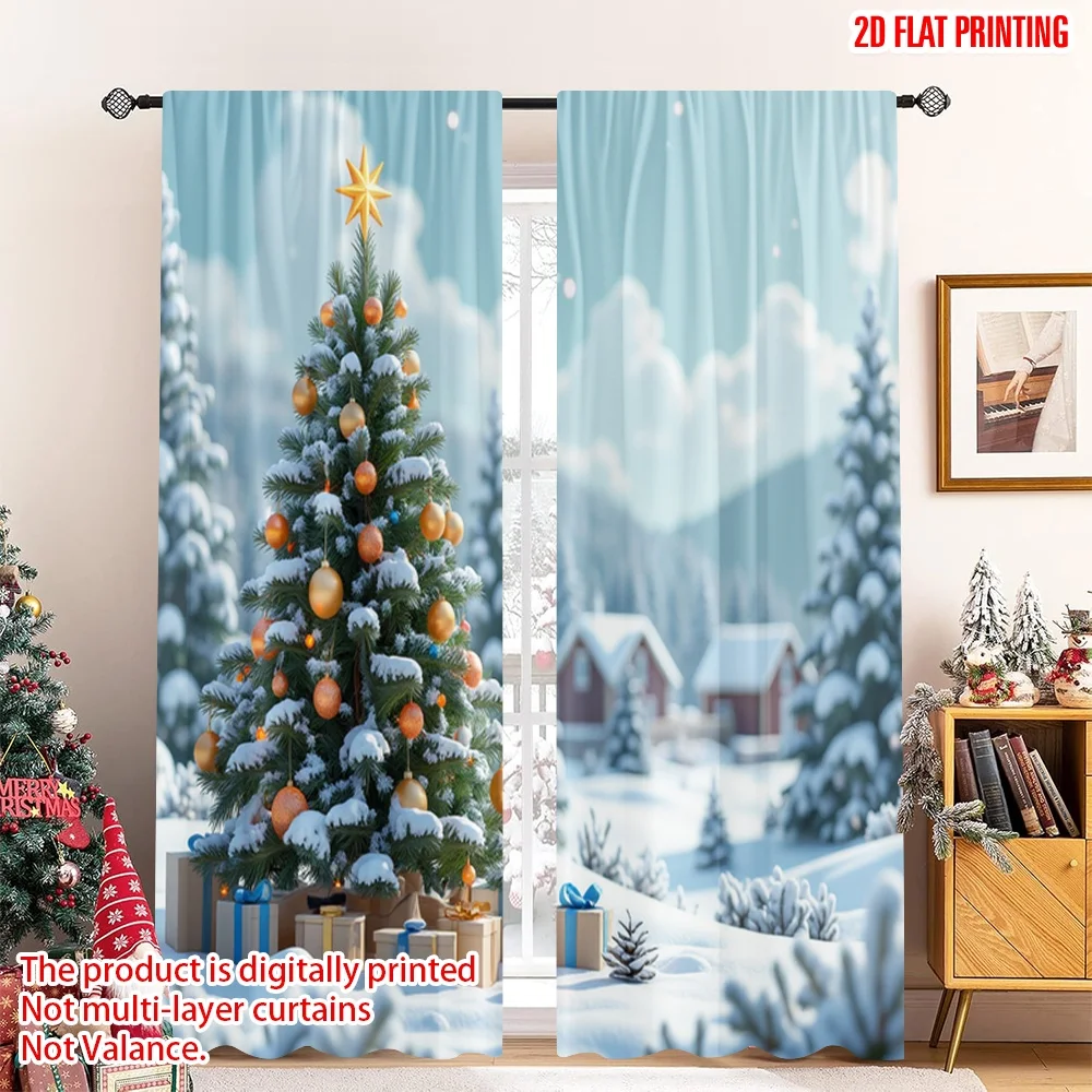 

2pcs 2D flat printing Christmas Scene Curtain Christmas Tree Gifts Winter Scene Fabric Without Electricity Holiday Decorations